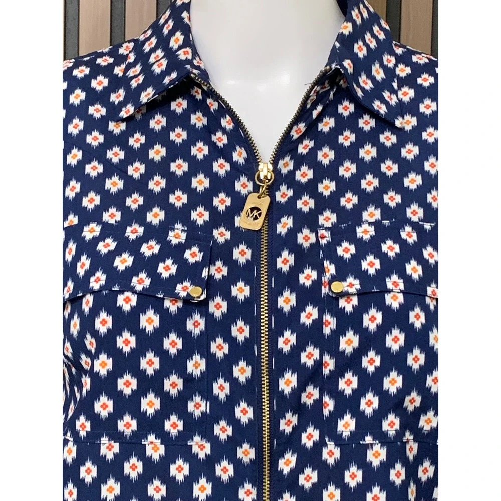 Michael Kors Navy Blue Geometric Ikat Full Zip Blouse Top Long Sleeve Small